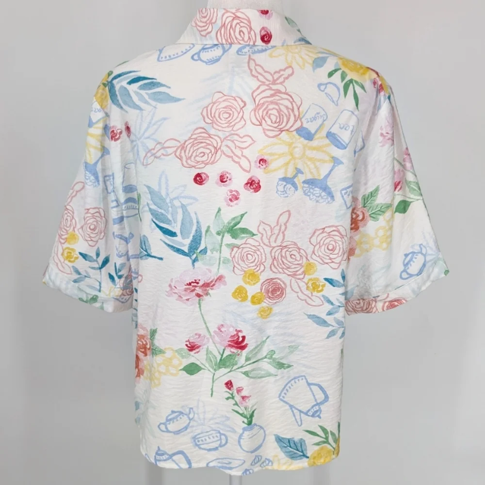 Rachel Zoe White Blue Green Floral Tea Watercolor Short Sleeve Blouse Large - Picture 5 of 12